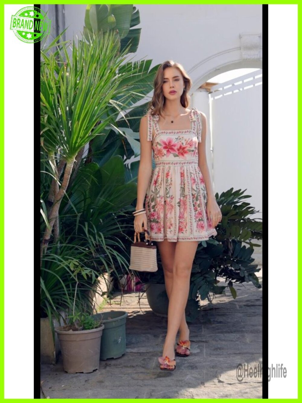 Sleeveless Tie Shoulder Floral Mini Dress Square Neck Ruffle Hem - Picture 6 of 6